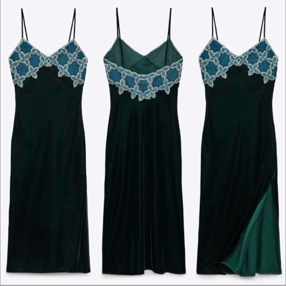 ZARA VELVET & CROCHET MAXI SLIP DRESS DARK GREEN SZ M NWT - Picture 2 of 15